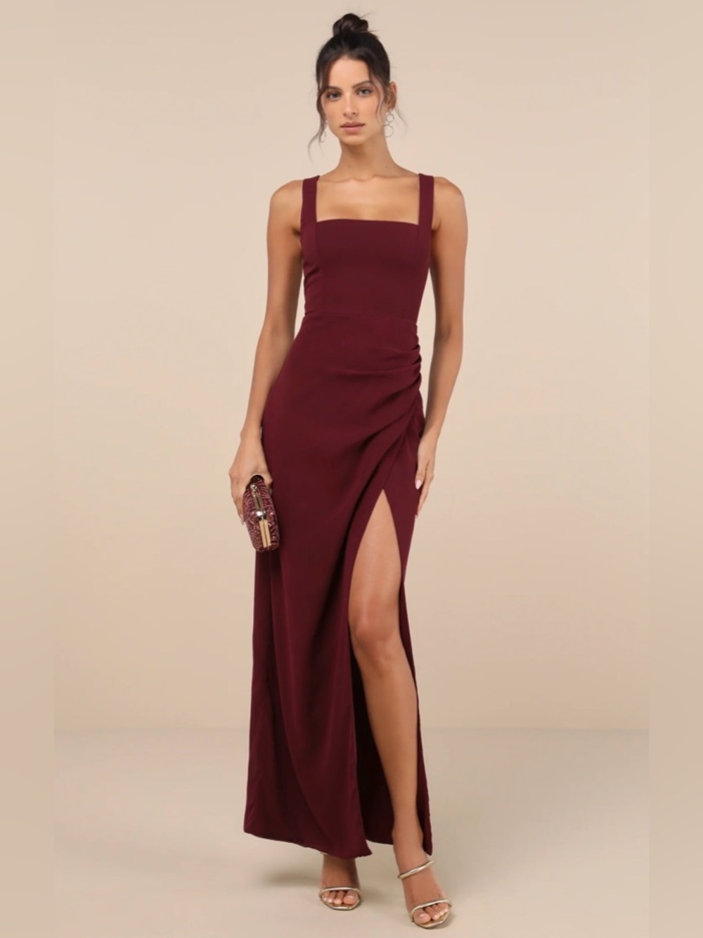 Lulus Glamorous Disposition Burgundy Ruched Maxi Dress XL NWT
